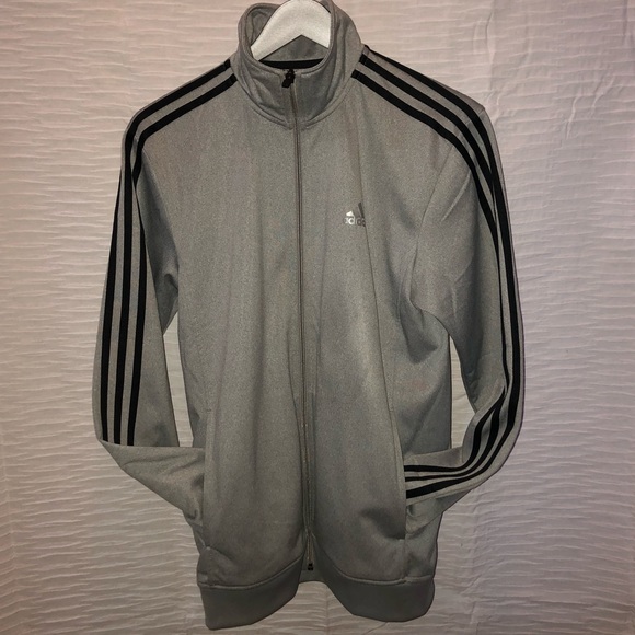 grey adidas jacket with black stripes